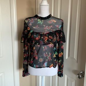 Black petite large flower long sleeves top